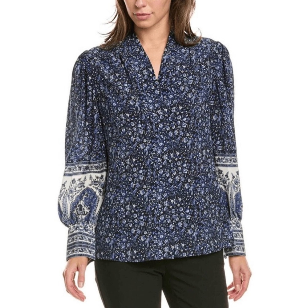 Kobi Halperin "Emmie Blouse" Blue Floral Paisley 100% Silk V-Neck Blouse XS